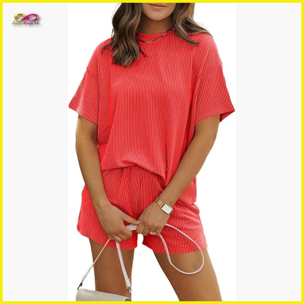 Ribbed Knit Shorts Set Loose Fit Casual Summer Lounge Two Piece Matching